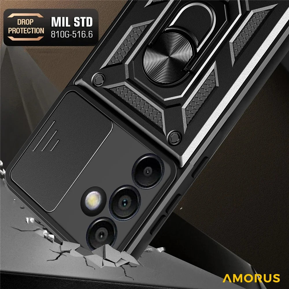 AMORUS For Samsung Galaxy S24 FE Case Kickstand PC + TPU Phone Cover with Camera Lens Slider - Black - 4