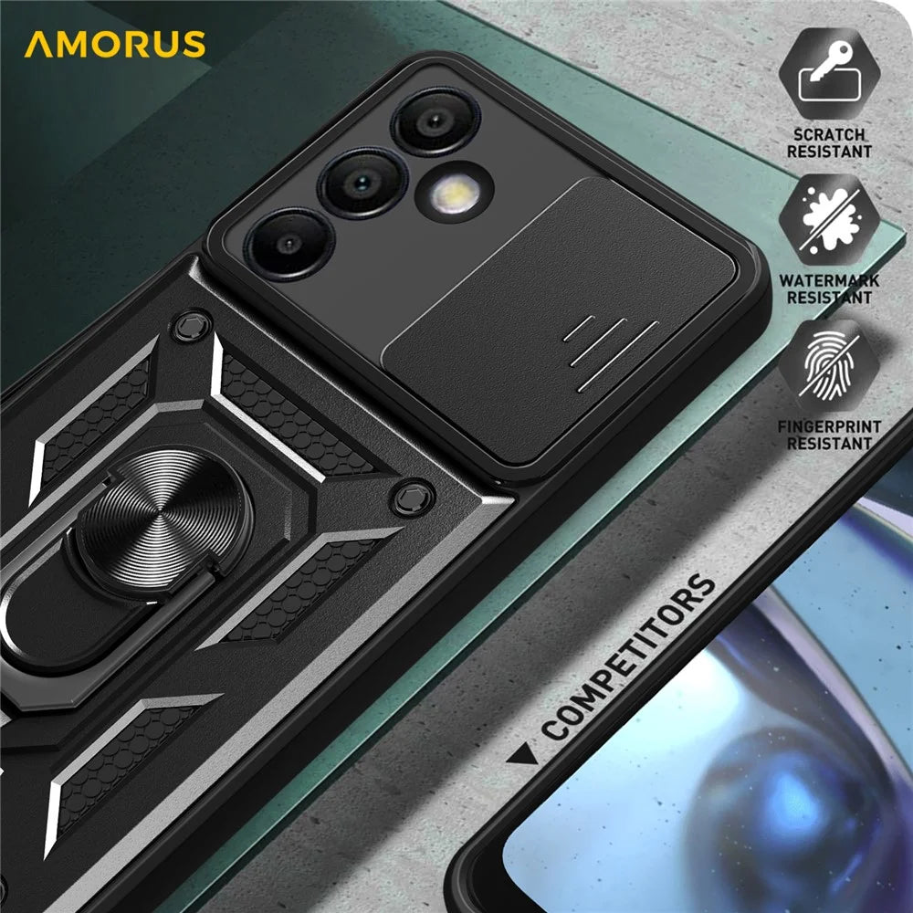 AMORUS For Samsung Galaxy S24 FE Case Kickstand PC + TPU Phone Cover with Camera Lens Slider - Black - 6