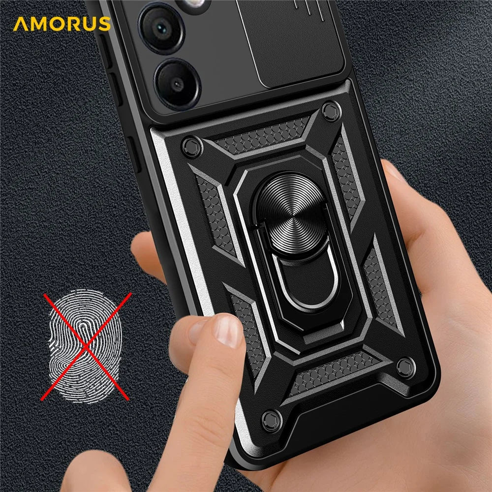 AMORUS For Samsung Galaxy S24 FE Case Kickstand PC + TPU Phone Cover with Camera Lens Slider - Black - 7