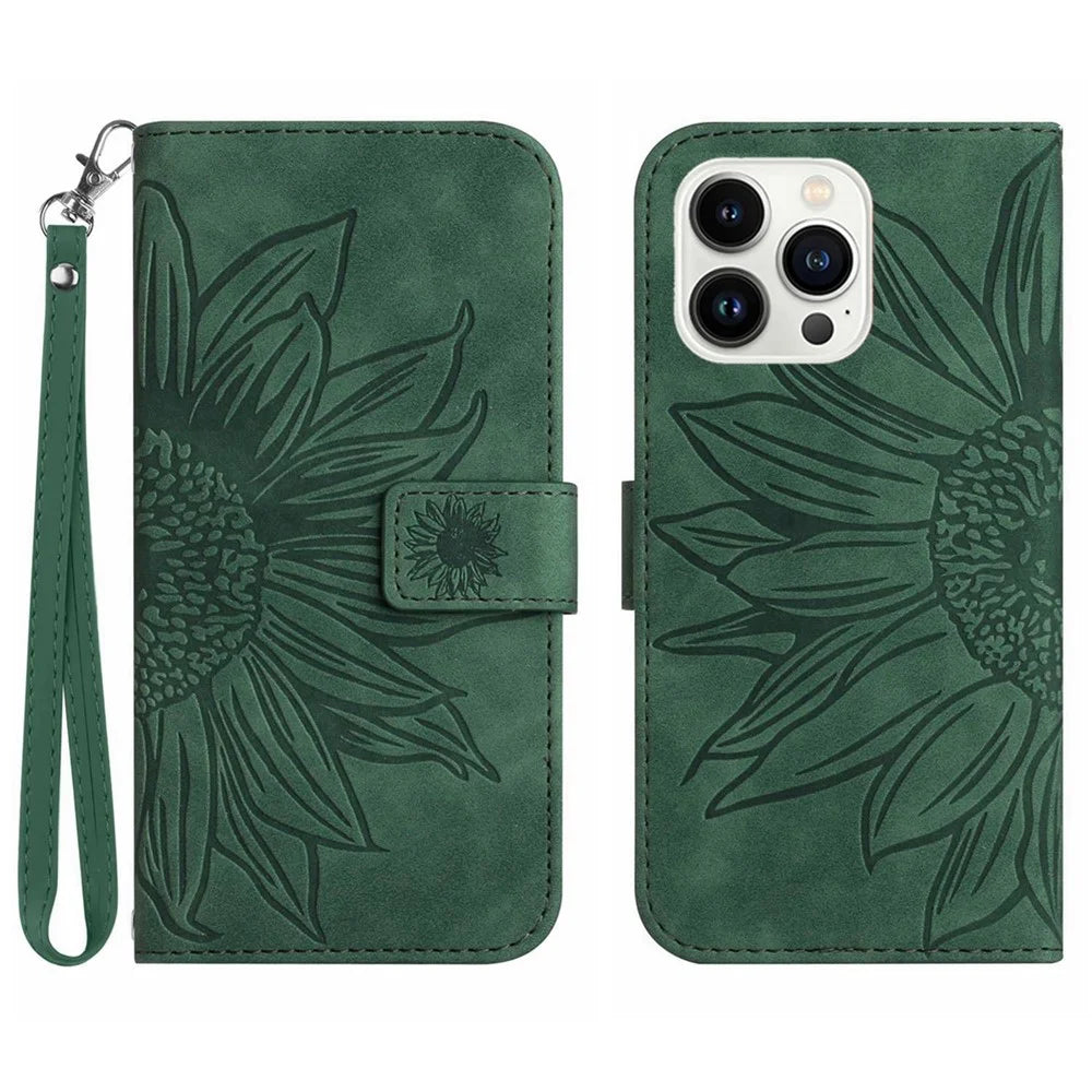 Flip Phone Case for iPhone 14 Pro, HT04 Imprinted Sunflower Hands-free Stand PU Leather Skin-Touch Magnetic Wallet Cover with Strap - Dark Green - 1