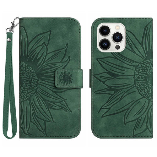 Flip Phone Case for iPhone 14 Pro, HT04 Imprinted Sunflower Hands-free Stand PU Leather Skin-Touch Magnetic Wallet Cover with Strap - Dark Green - 1