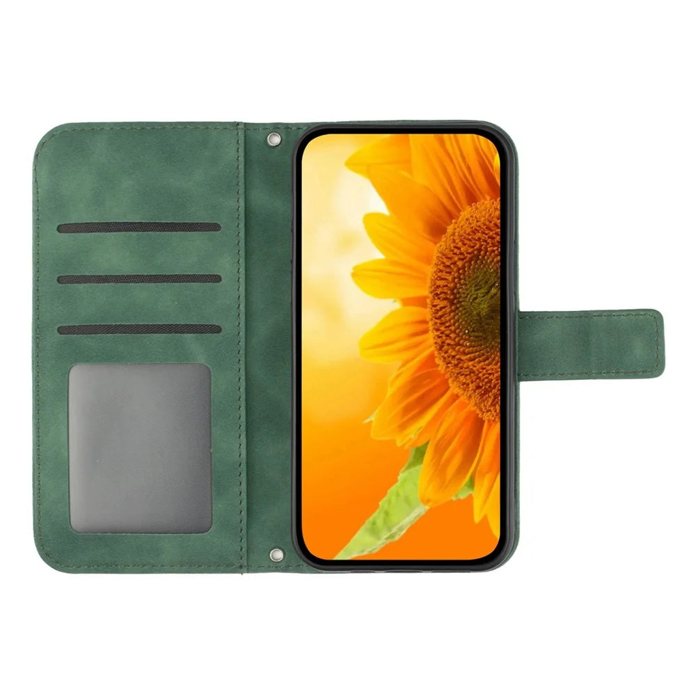 Flip Phone Case for iPhone 14 Pro, HT04 Imprinted Sunflower Hands-free Stand PU Leather Skin-Touch Magnetic Wallet Cover with Strap - Dark Green - 2