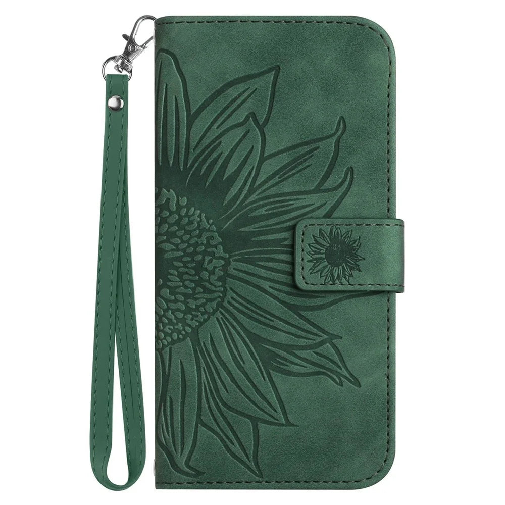 Flip Phone Case for iPhone 14 Pro, HT04 Imprinted Sunflower Hands-free Stand PU Leather Skin-Touch Magnetic Wallet Cover with Strap - Dark Green - 7