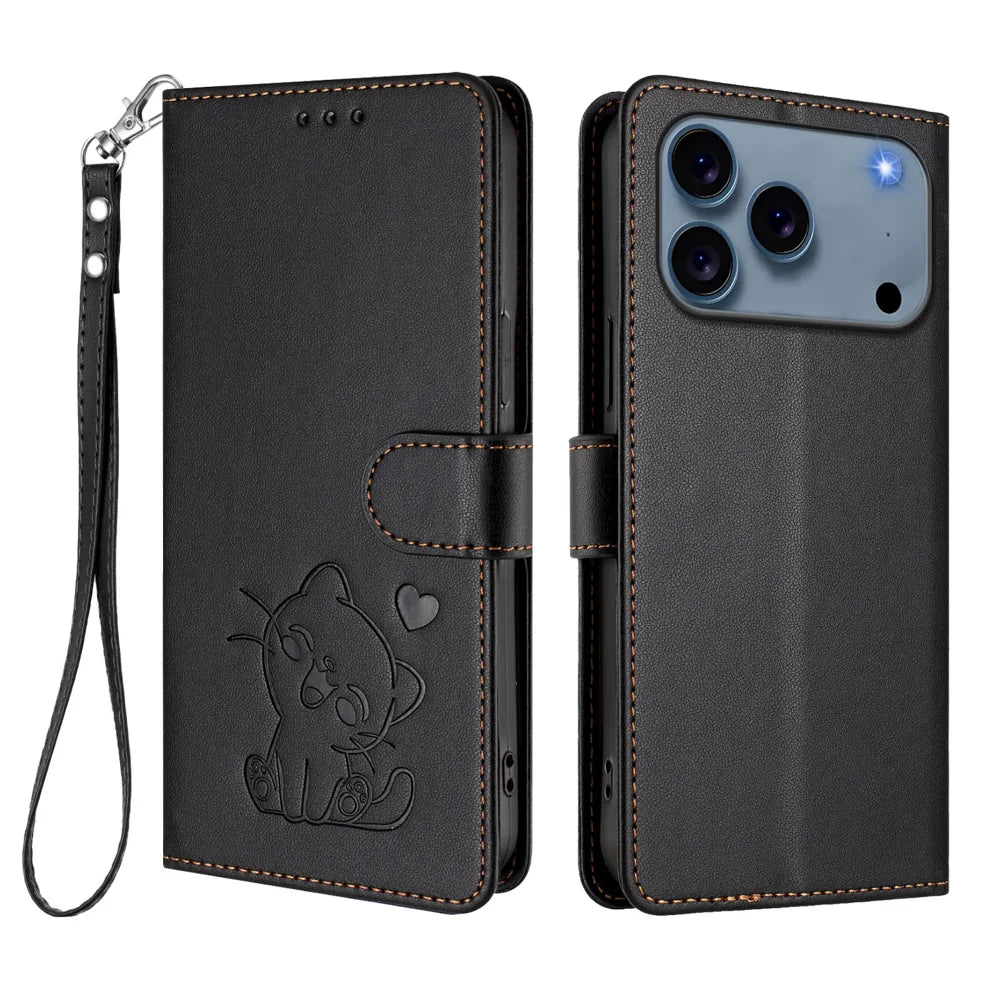 For iPhone 18 Pro Max / 17 Pro Max Wallet Case with Wrist Strap Love Cat Pattern Imprint Leather Phone Cover - Black - 1