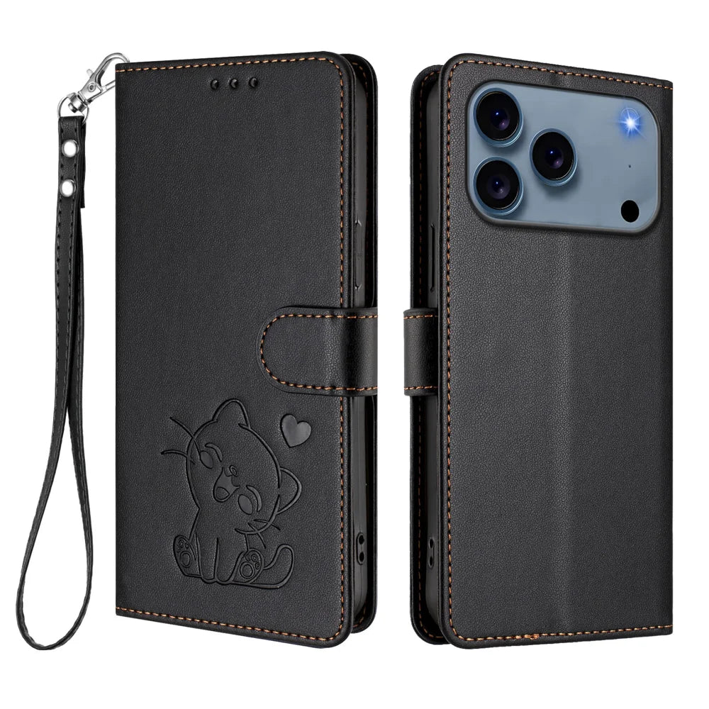 For iPhone 18 Pro / 17 Pro Wallet Case with Wrist Strap Love Cat Pattern Imprint Leather Phone Cover - Black - 1