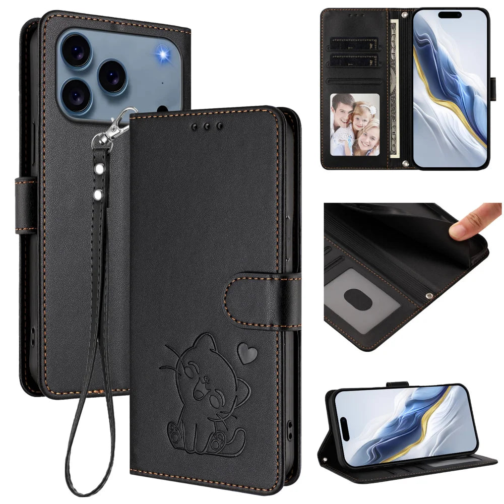 For iPhone 18 Pro / 17 Pro Wallet Case with Wrist Strap Love Cat Pattern Imprint Leather Phone Cover - Black - 2