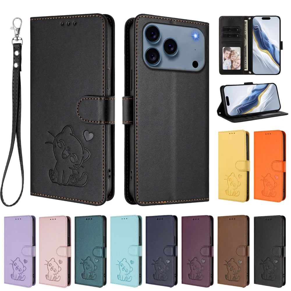 For iPhone 18 Pro / 17 Pro Wallet Case with Wrist Strap Love Cat Pattern Imprint Leather Phone Cover - Black - 3