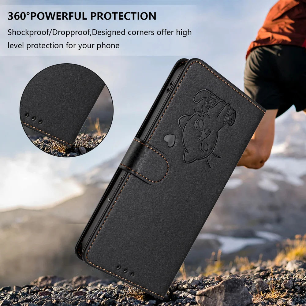 For iPhone 18 Pro / 17 Pro Wallet Case with Wrist Strap Love Cat Pattern Imprint Leather Phone Cover - Black - 7