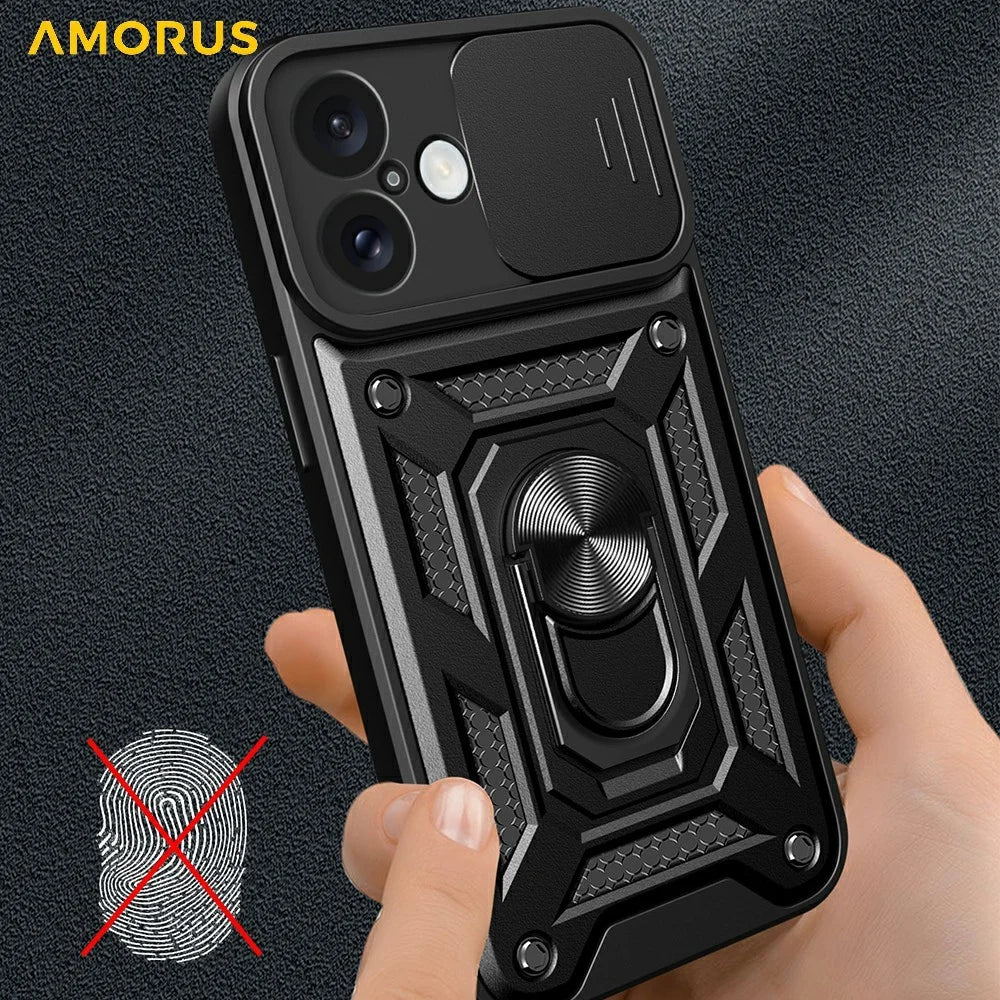 AMORUS For iPhone 16 Plus Case Kickstand PC + TPU Phone Cover with Camera Lens Slider - Blue - 5