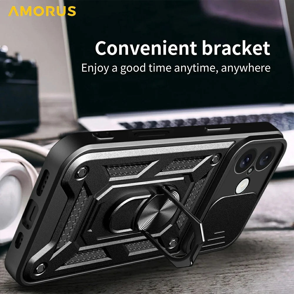 AMORUS For iPhone 16 Plus Case Kickstand PC + TPU Phone Cover with Camera Lens Slider - Blue - 6