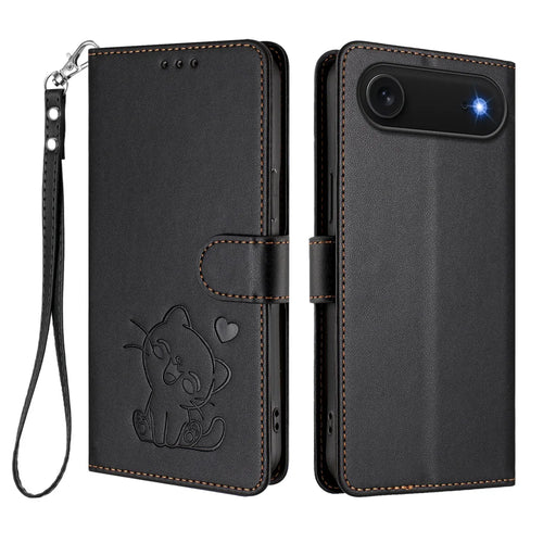 For iPhone Air Wallet Case with Wrist Strap Love Cat Pattern Imprint Leather Phone Cover - Black - 1