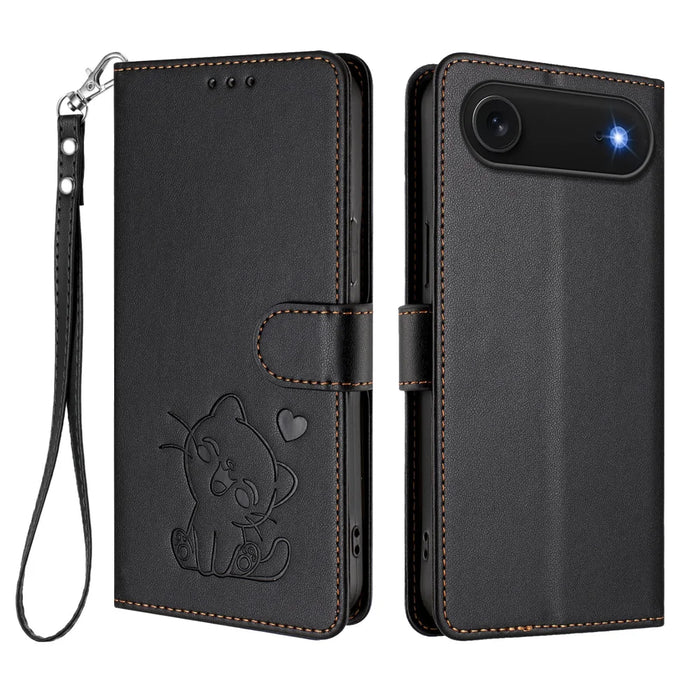 For iPhone Air Wallet Case with Wrist Strap Love Cat Pattern Imprint Leather Phone Cover - Black - 1