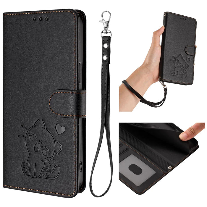 For iPhone Air Wallet Case with Wrist Strap Love Cat Pattern Imprint Leather Phone Cover - Black - 2