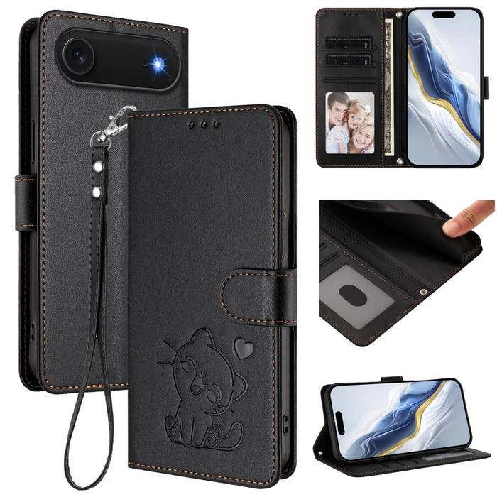 For iPhone Air Wallet Case with Wrist Strap Love Cat Pattern Imprint Leather Phone Cover - Black - 3