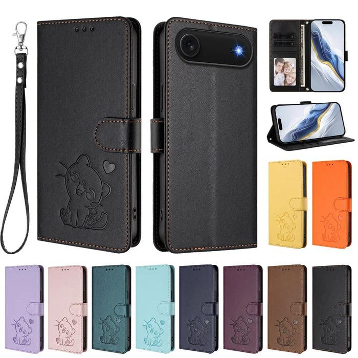 For iPhone Air Wallet Case with Wrist Strap Love Cat Pattern Imprint Leather Phone Cover - Black - 4