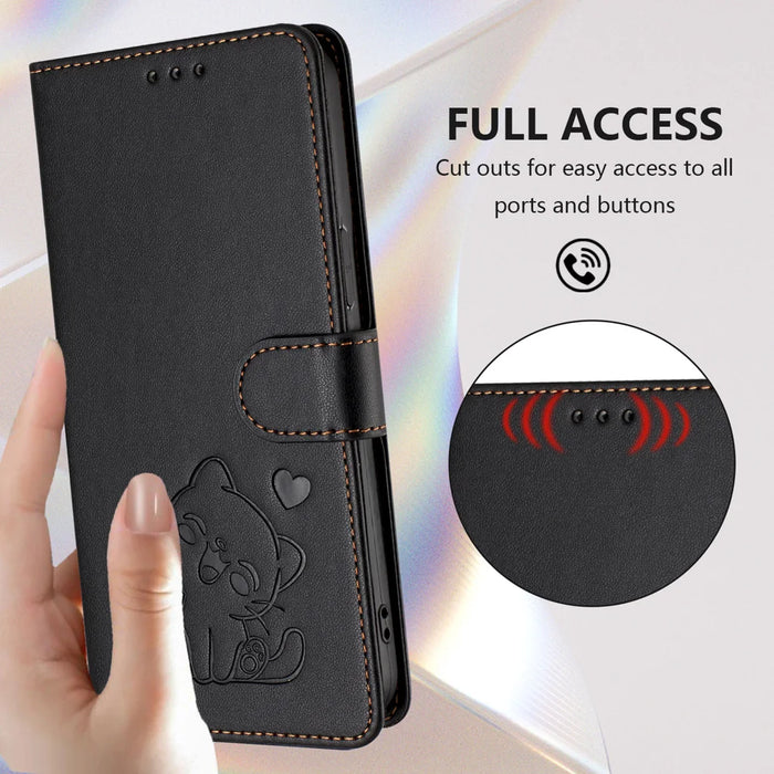 For iPhone Air Wallet Case with Wrist Strap Love Cat Pattern Imprint Leather Phone Cover - Black - 7