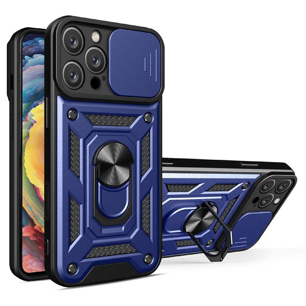 AMORUS For iPhone 16 Pro Max Case Kickstand PC + TPU Phone Cover with Camera Lens Slider - Blue - 1
