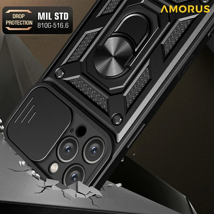 AMORUS For iPhone 16 Pro Max Case Kickstand PC + TPU Phone Cover with Camera Lens Slider - Blue - 2