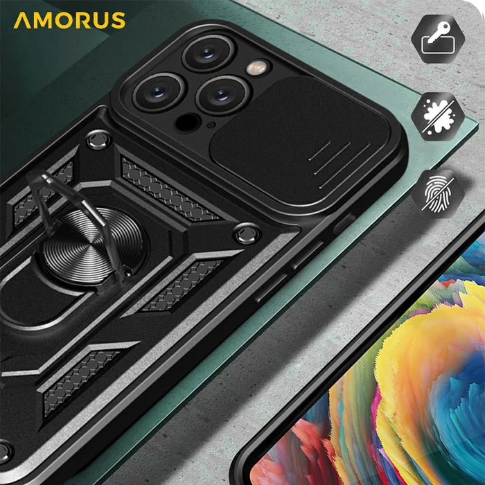 AMORUS For iPhone 16 Pro Max Case Kickstand PC + TPU Phone Cover with Camera Lens Slider - Blue - 4