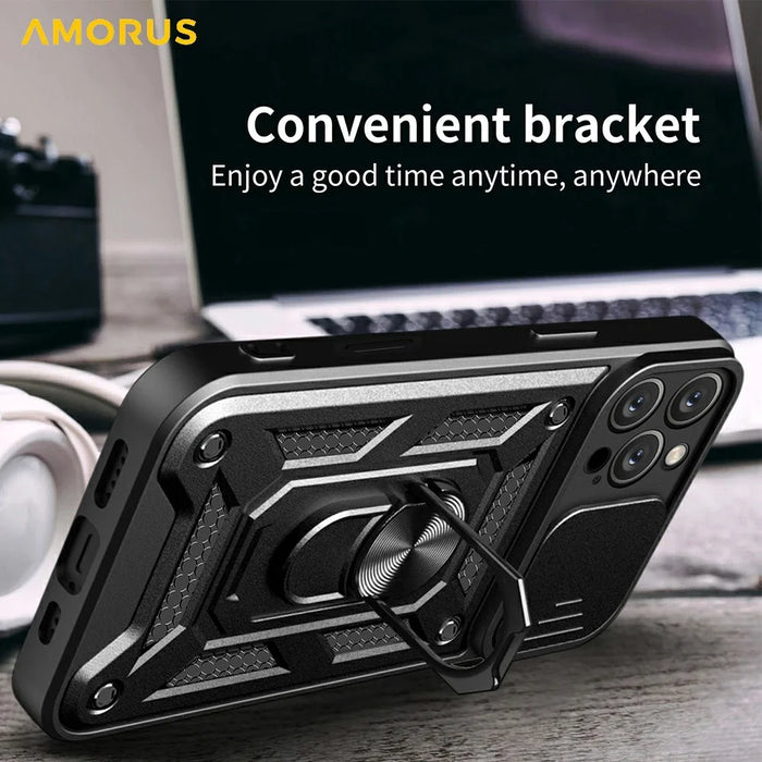 AMORUS For iPhone 16 Pro Max Case Kickstand PC + TPU Phone Cover with Camera Lens Slider - Blue - 6
