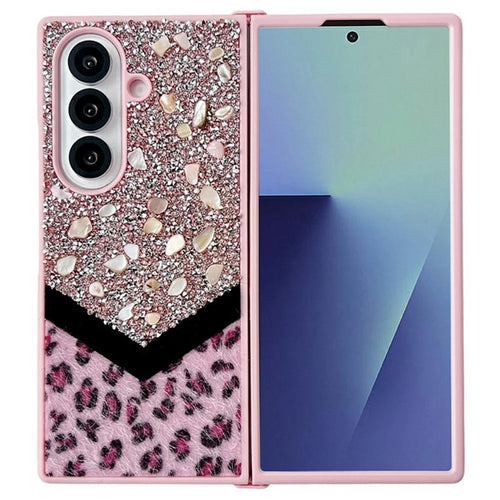 For Samsung Galaxy Z Fold7 5G Case Stone Decor Glitter Leopard Splicing Plush PC Phone Cover - Pink - 1