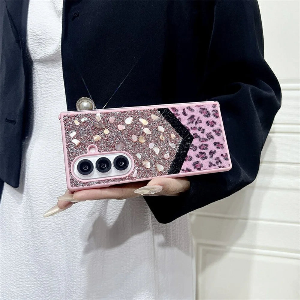 For Samsung Galaxy Z Fold7 5G Case Stone Decor Glitter Leopard Splicing Plush PC Phone Cover - Pink - 2