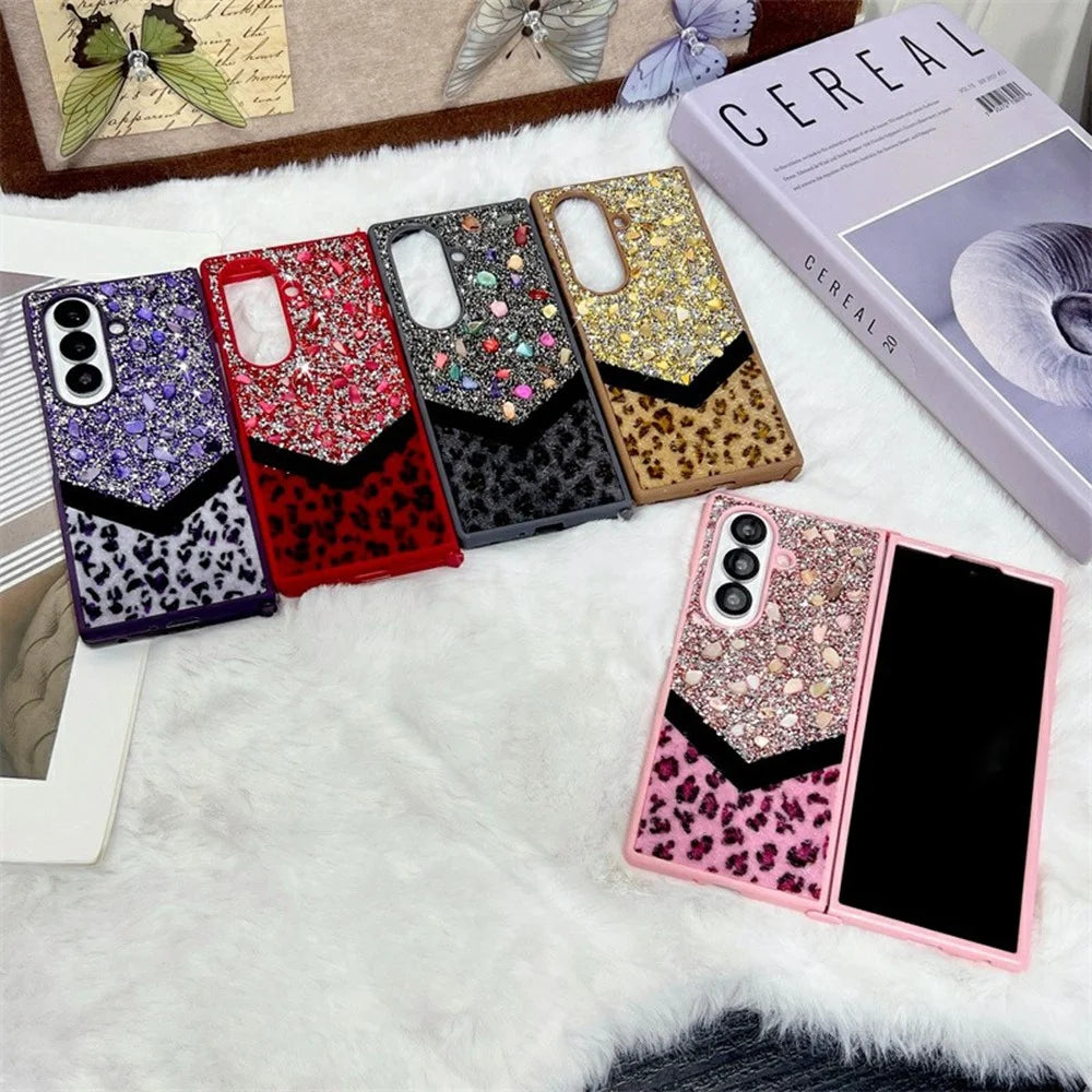 For Samsung Galaxy Z Fold7 5G Case Stone Decor Glitter Leopard Splicing Plush PC Phone Cover - Pink - 3