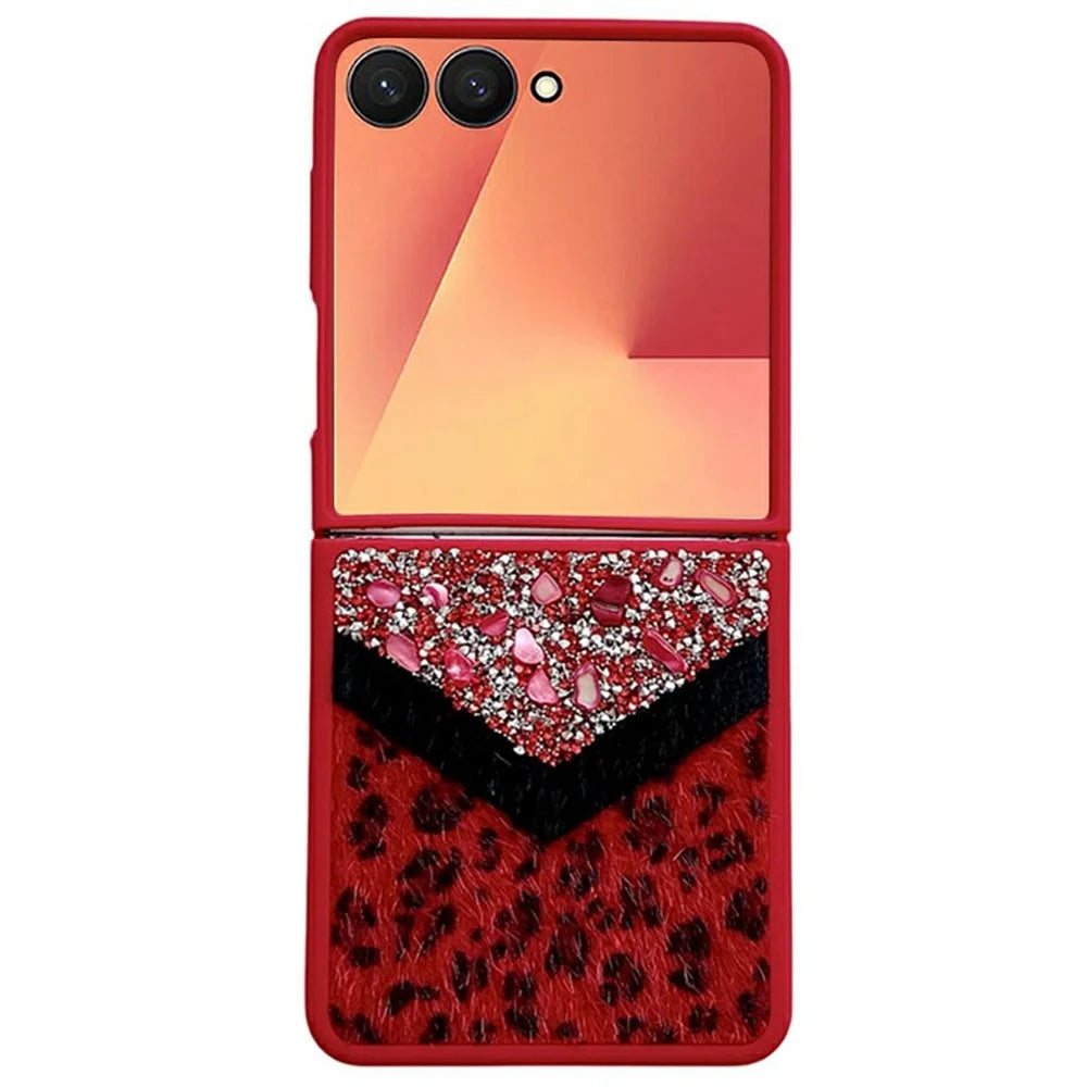For Samsung Galaxy Z Flip7 5G Case Stone Decor Glitter Leopard Splicing Plush PC Phone Cover - Red - 1