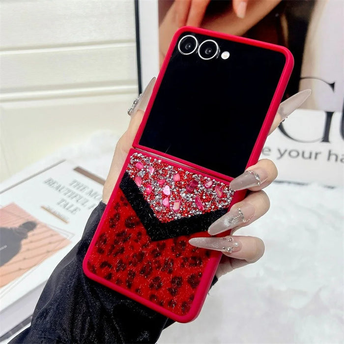 For Samsung Galaxy Z Flip7 5G Case Stone Decor Glitter Leopard Splicing Plush PC Phone Cover - Red - 2