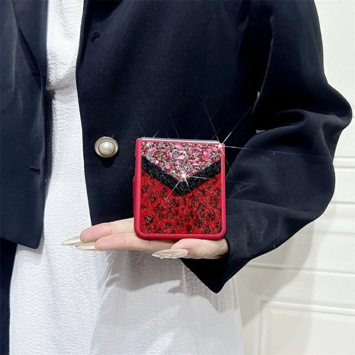 For Samsung Galaxy Z Flip7 5G Case Stone Decor Glitter Leopard Splicing Plush PC Phone Cover - Red - 3