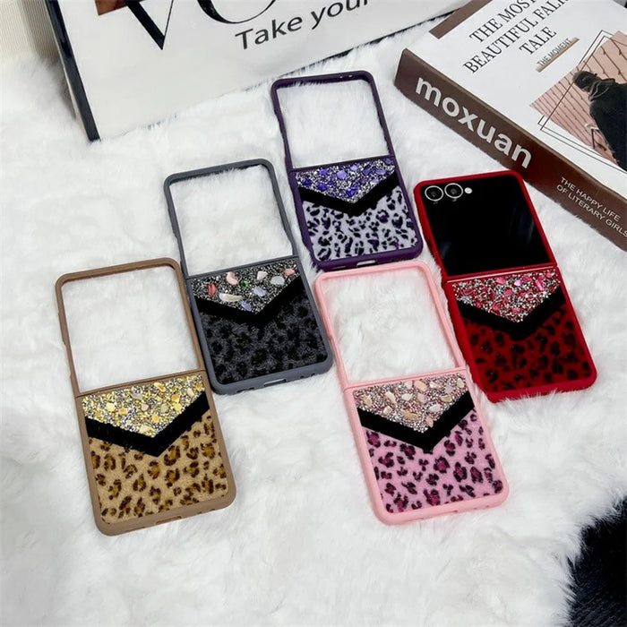 For Samsung Galaxy Z Flip7 5G Case Stone Decor Glitter Leopard Splicing Plush PC Phone Cover - Red - 4