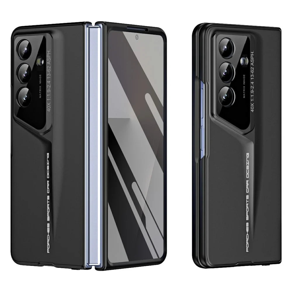 918 Series for Samsung Galaxy Z Fold7 5G Case PC Hard Phone Cover with Tempered Glass Film - Black - 1