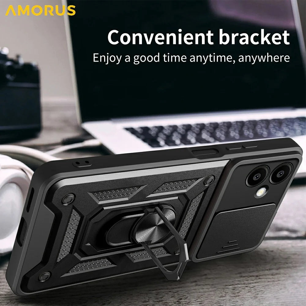 AMORUS For Samsung Galaxy A06 4G Case Kickstand PC + TPU Phone Cover with Camera Lens Slider - Blue - 6