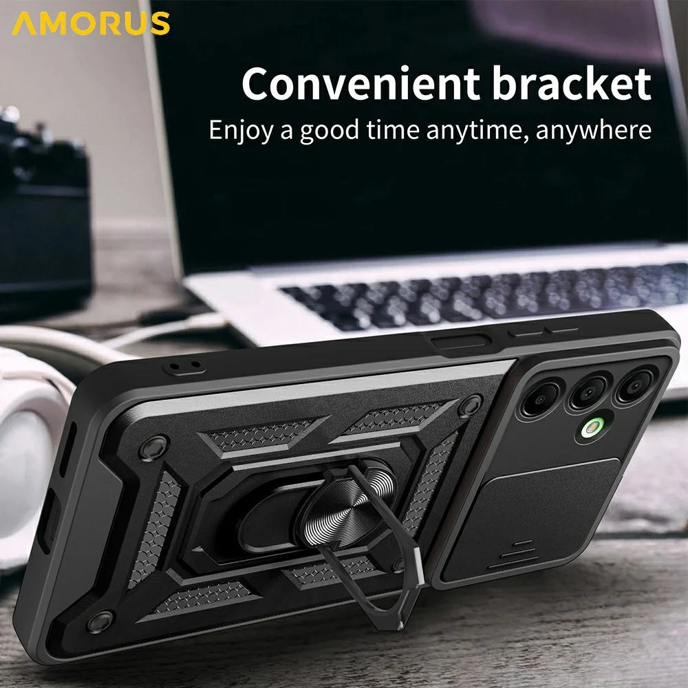 AMORUS For Samsung Galaxy A16 5G / 4G Case Kickstand PC + TPU Phone Cover with Camera Lens Slider - Blue - 6
