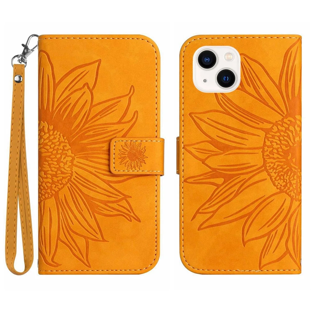 Flip Phone Case for iPhone 14, HT04 Imprinted Sunflower Adjustable Stand PU Leather Skin-Touch Magnetic Wallet Cover with Strap - Yellow - 1