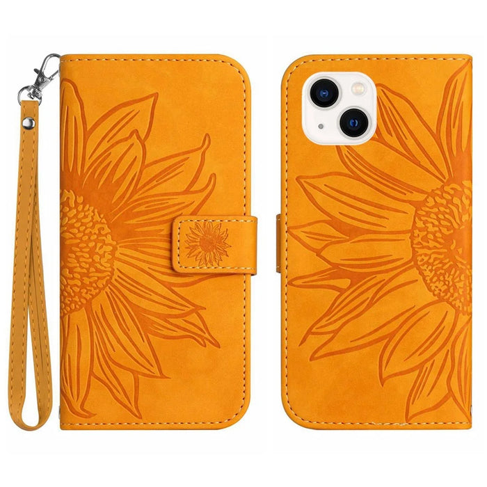 Flip Phone Case for iPhone 14, HT04 Imprinted Sunflower Adjustable Stand PU Leather Skin-Touch Magnetic Wallet Cover with Strap - Yellow - 1