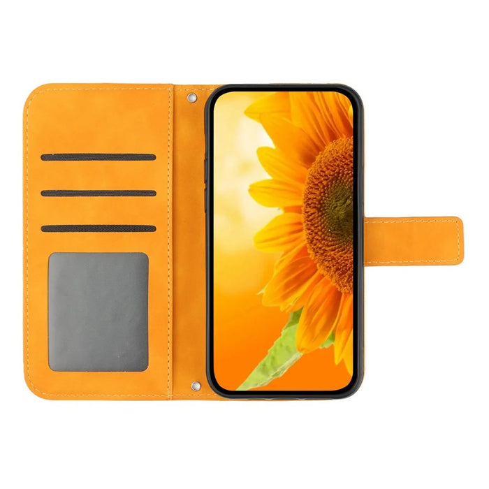 Flip Phone Case for iPhone 14, HT04 Imprinted Sunflower Adjustable Stand PU Leather Skin-Touch Magnetic Wallet Cover with Strap - Yellow - 2