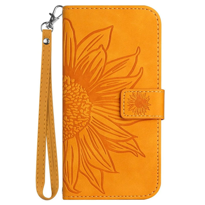 Flip Phone Case for iPhone 14, HT04 Imprinted Sunflower Adjustable Stand PU Leather Skin-Touch Magnetic Wallet Cover with Strap - Yellow - 7