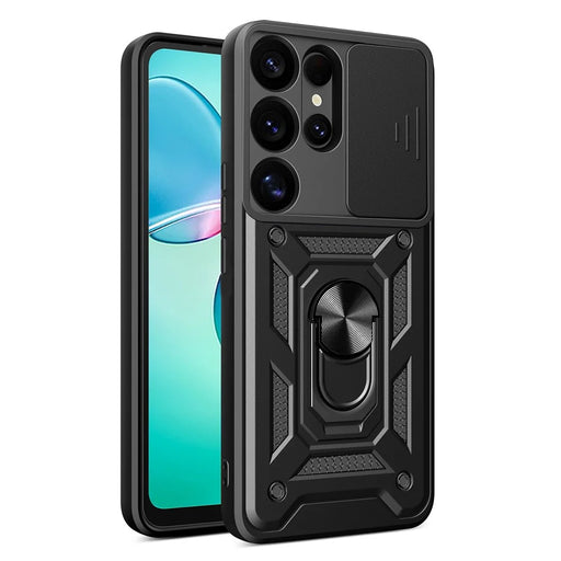 AMORUS For Samsung Galaxy S25 Ultra Case Kickstand PC + TPU Phone Cover with Camera Lens Slider - Black - 1