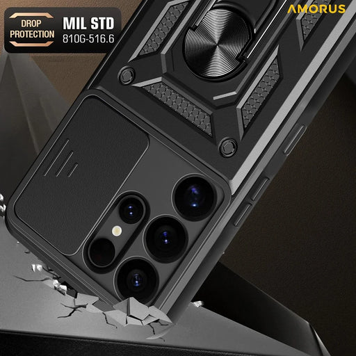 AMORUS For Samsung Galaxy S25 Ultra Case Kickstand PC + TPU Phone Cover with Camera Lens Slider - Black - 2