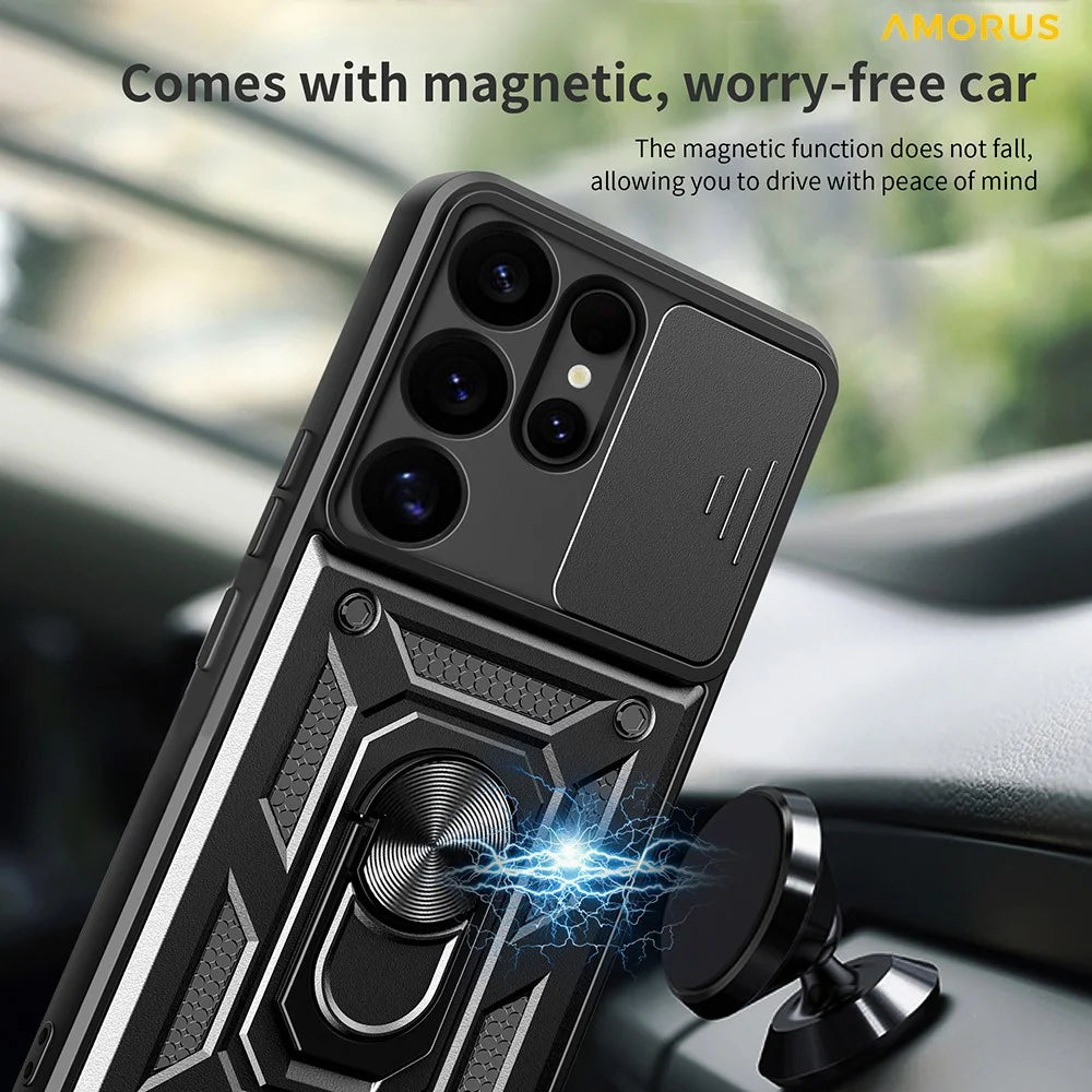 AMORUS For Samsung Galaxy S25 Ultra Case Kickstand PC + TPU Phone Cover with Camera Lens Slider - Black - 3