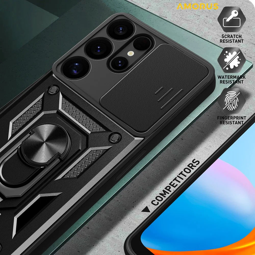 AMORUS For Samsung Galaxy S25 Ultra Case Kickstand PC + TPU Phone Cover with Camera Lens Slider - Black - 4