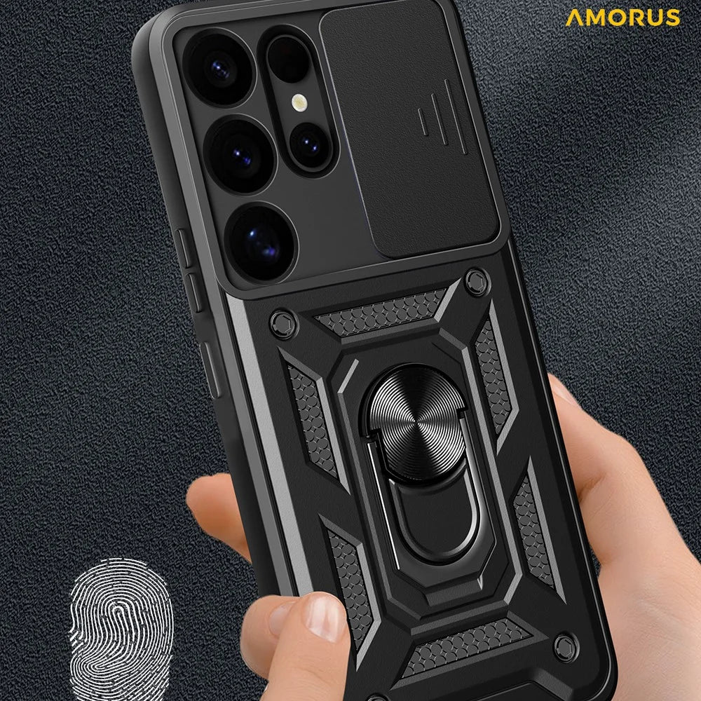 AMORUS For Samsung Galaxy S25 Ultra Case Kickstand PC + TPU Phone Cover with Camera Lens Slider - Black - 5