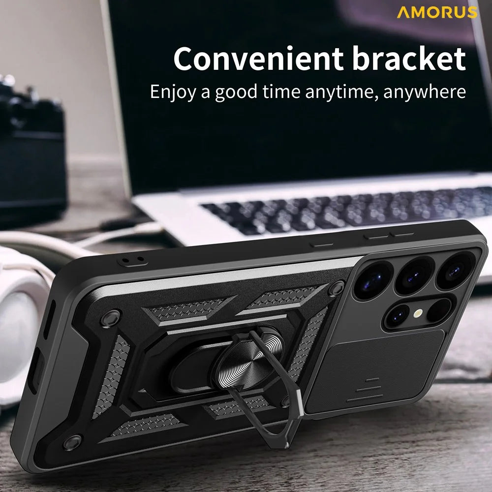 AMORUS For Samsung Galaxy S25 Ultra Case Kickstand PC + TPU Phone Cover with Camera Lens Slider - Black - 6