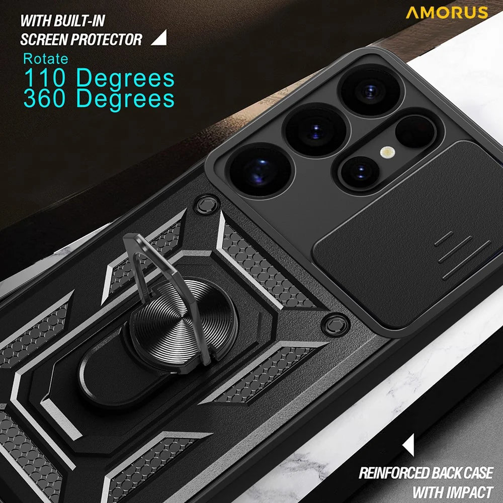 AMORUS For Samsung Galaxy S25 Ultra Case Kickstand PC + TPU Phone Cover with Camera Lens Slider - Black - 7