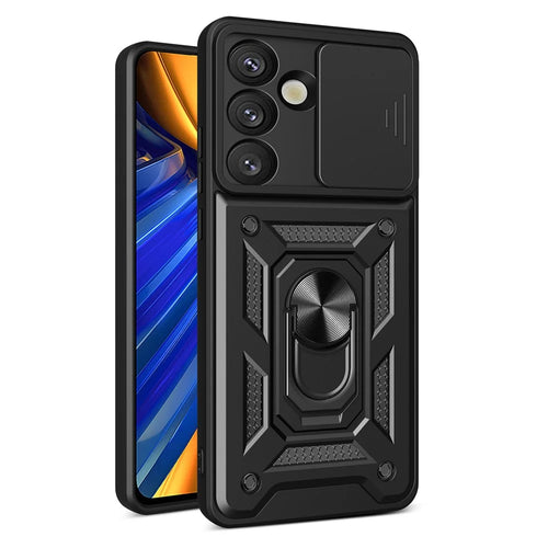 AMORUS For Samsung Galaxy S25 Case Kickstand PC + TPU Phone Cover with Camera Lens Slider - Black - 1