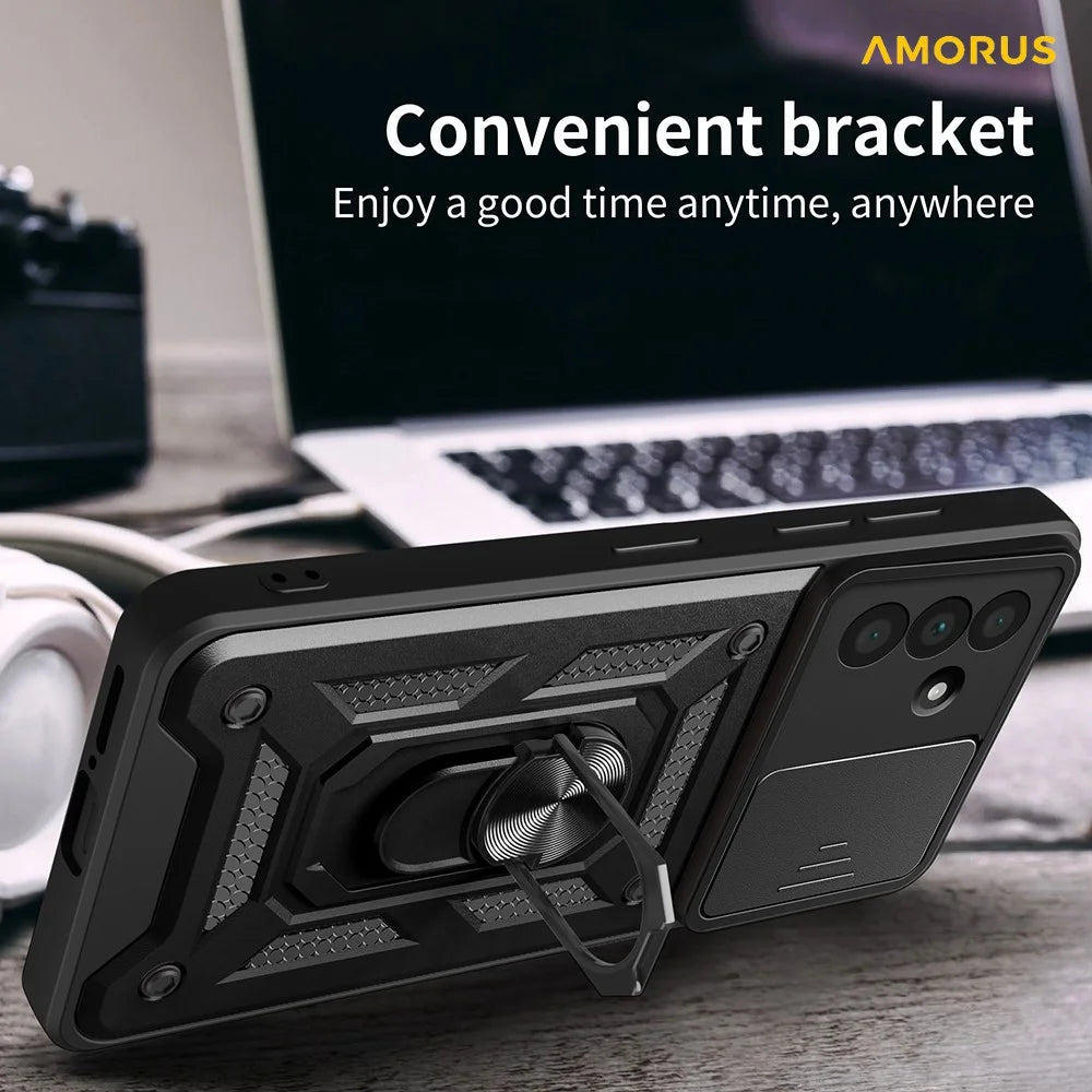 AMORUS For Samsung Galaxy A36 5G Case Kickstand PC + TPU Phone Cover with Camera Lens Slider - Black - 6