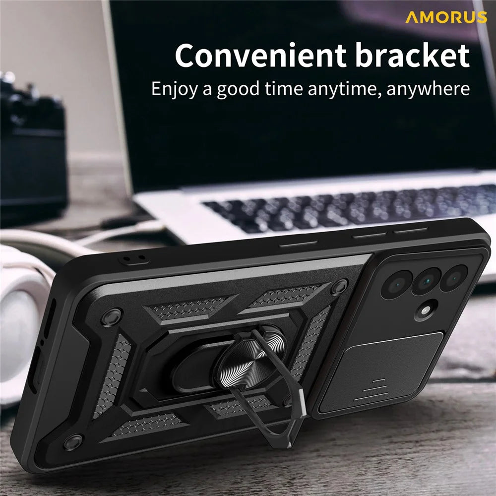 AMORUS For Samsung Galaxy A56 5G Case Kickstand PC + TPU Phone Cover with Camera Lens Slider - Black - 6