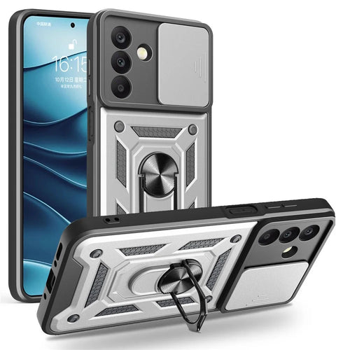 AMORUS For Samsung Galaxy A26 5G Case Kickstand PC + TPU Phone Cover with Camera Lens Slider - Silver - 1