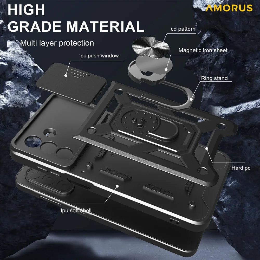 AMORUS For Samsung Galaxy A26 5G Case Kickstand PC + TPU Phone Cover with Camera Lens Slider - Silver - 3